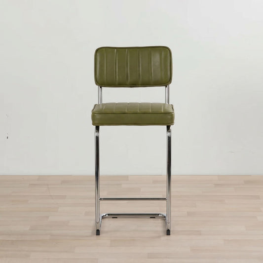 Barnaby Counter Stool - Moss Green, retro moss green PU counter stool with vertical stitched backrest and chrome sled base.