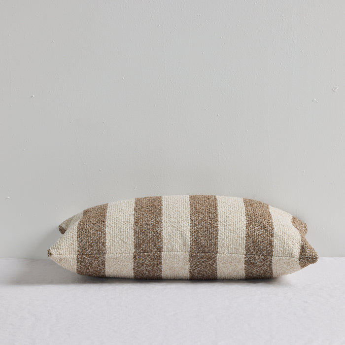 Benton 30x50cm Cushion - Brown Stripe, textured brown and cream striped cushion on a white bed.