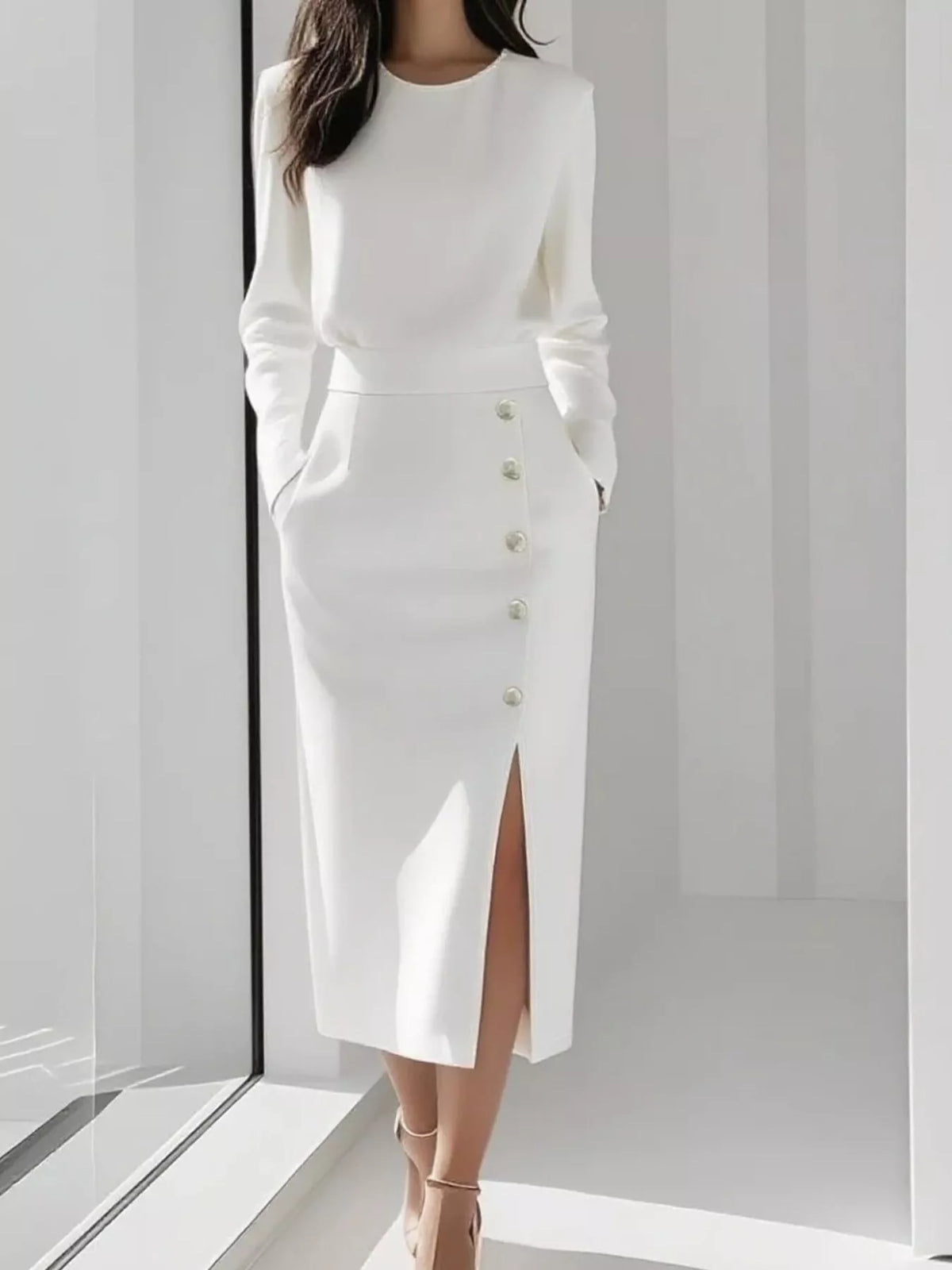Hazel Blues® |  Long Sleeve Button Detail Midi Dress with Side Slit