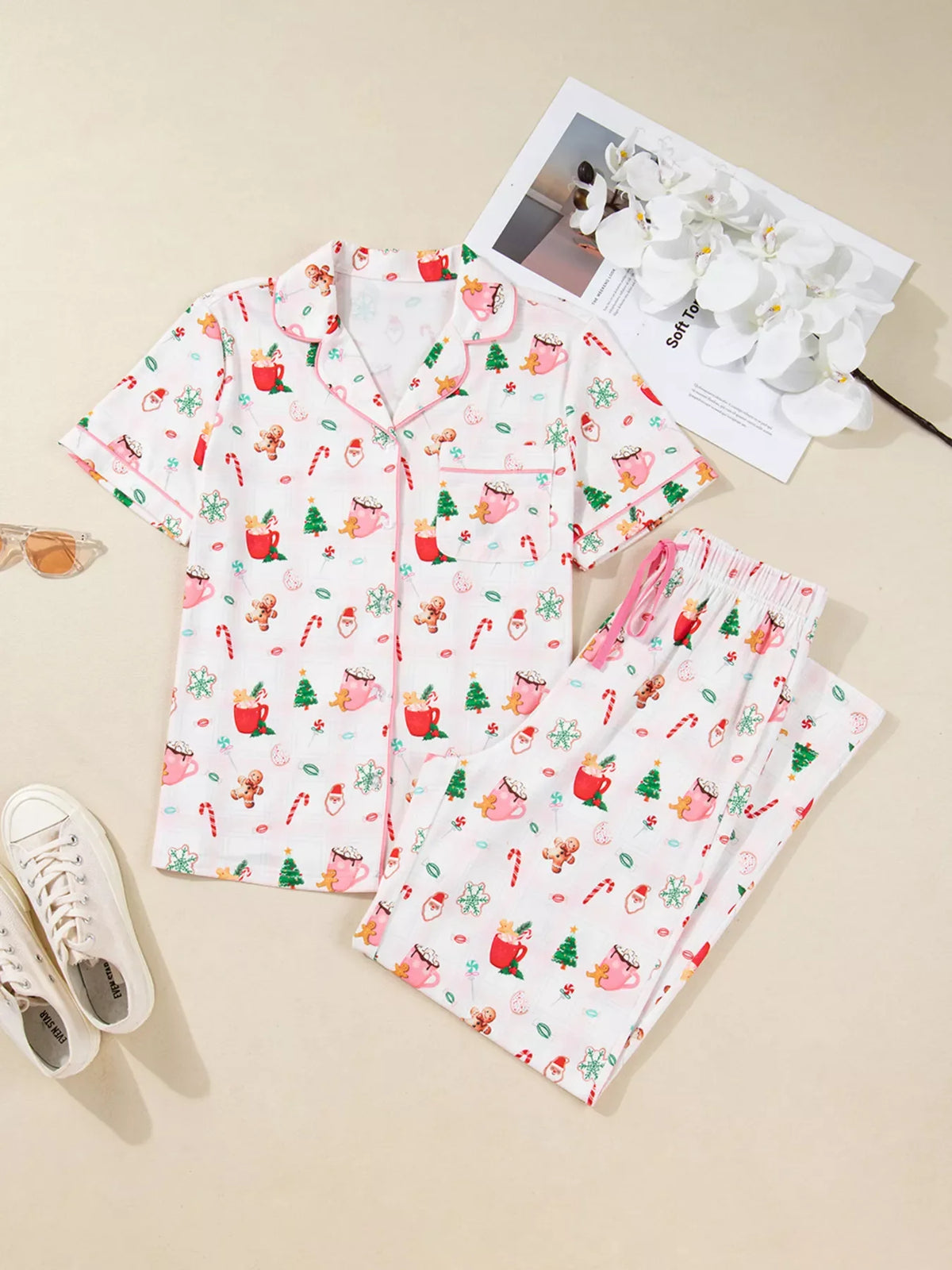 Hazel Blues® |  Christmas Spirit Cute Holiday Print Short Sleeve Shirt and Pants 2pcs Pajama Set