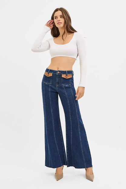 Hazel Blues® |  RISEN High Rise Wide Flare Jeans with Front Leather Pocket Detail