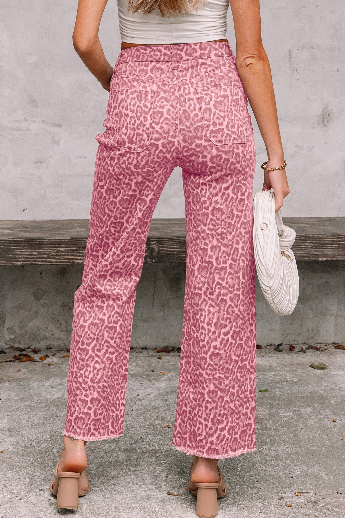 Hazel Blues® |  Gray Leopard Frayed Edge Wide Leg High Waist Jeans