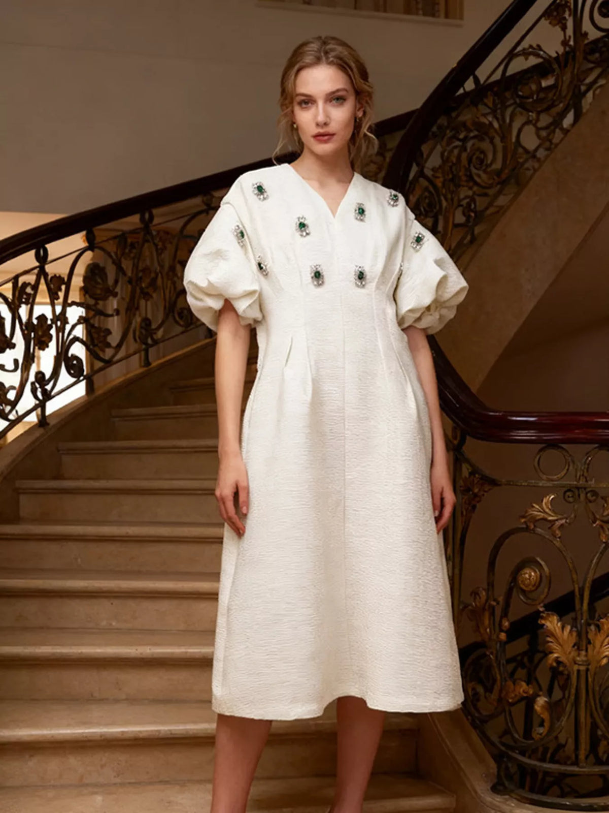 Hazel Blues® |  Embellished Puff Sleeve Midi Dress
