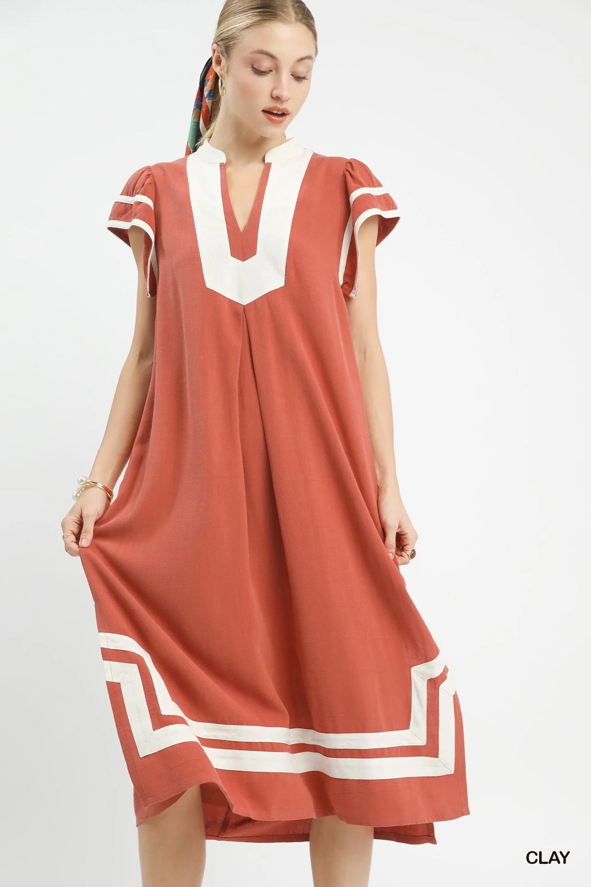 Hazel Blues® |  Umgee Linen Cotton Contrast Neckline Midi Dress