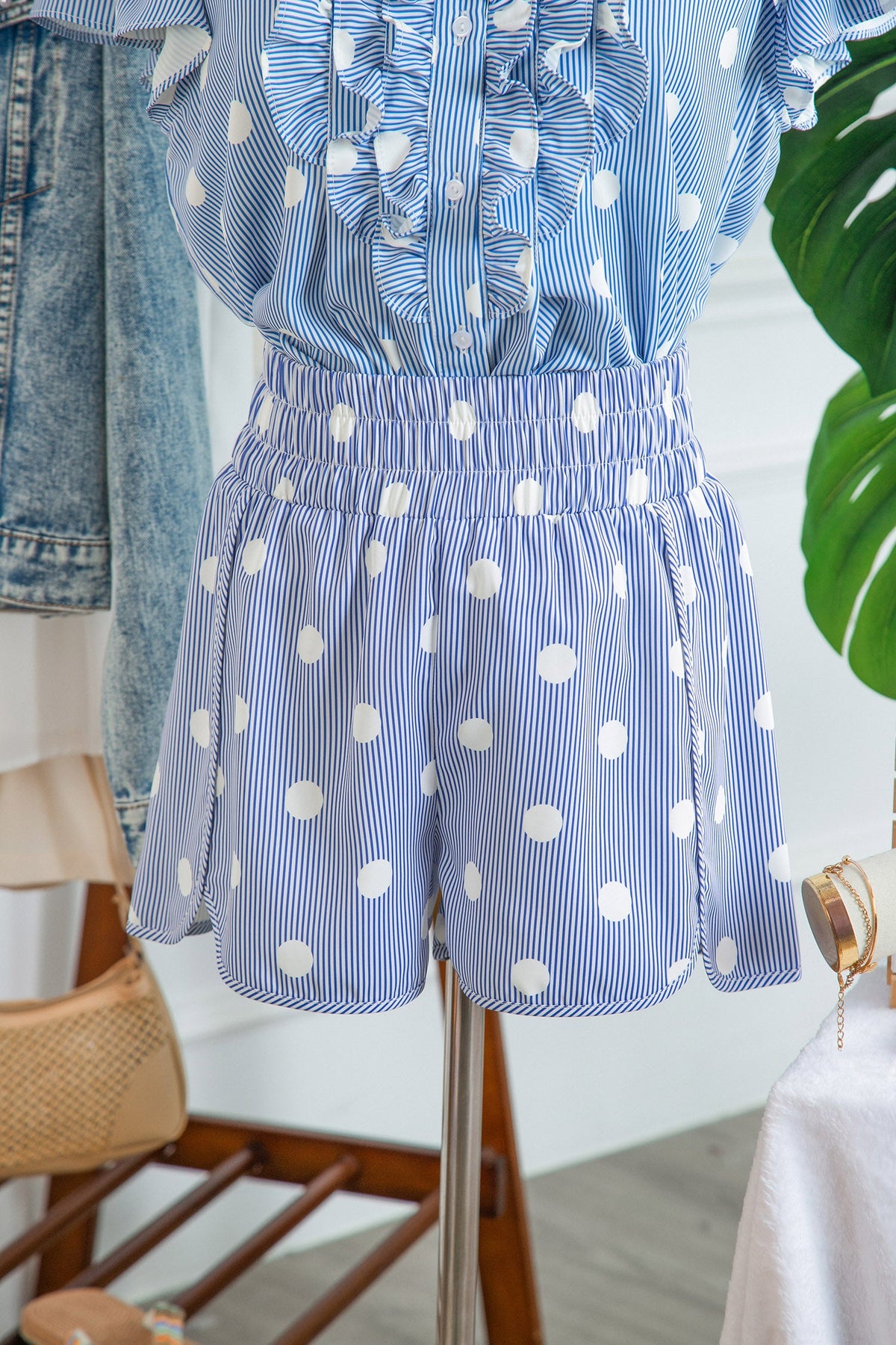 Hazel Blues® |  Apricot Polka Dot Print Shirred High Waist Casual Shorts