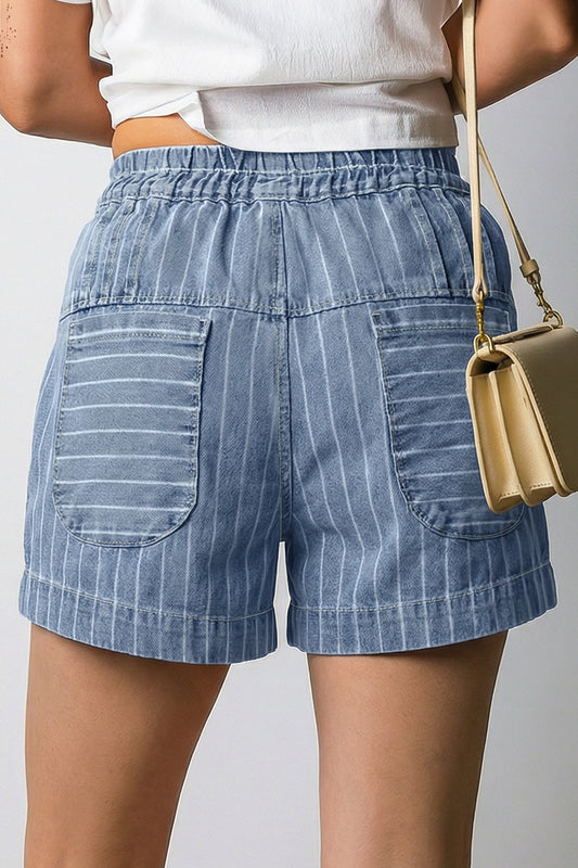 Hazel Blues® |  Sky Blue Stripe Drawstring Button Pleated High Waist Denim Shorts