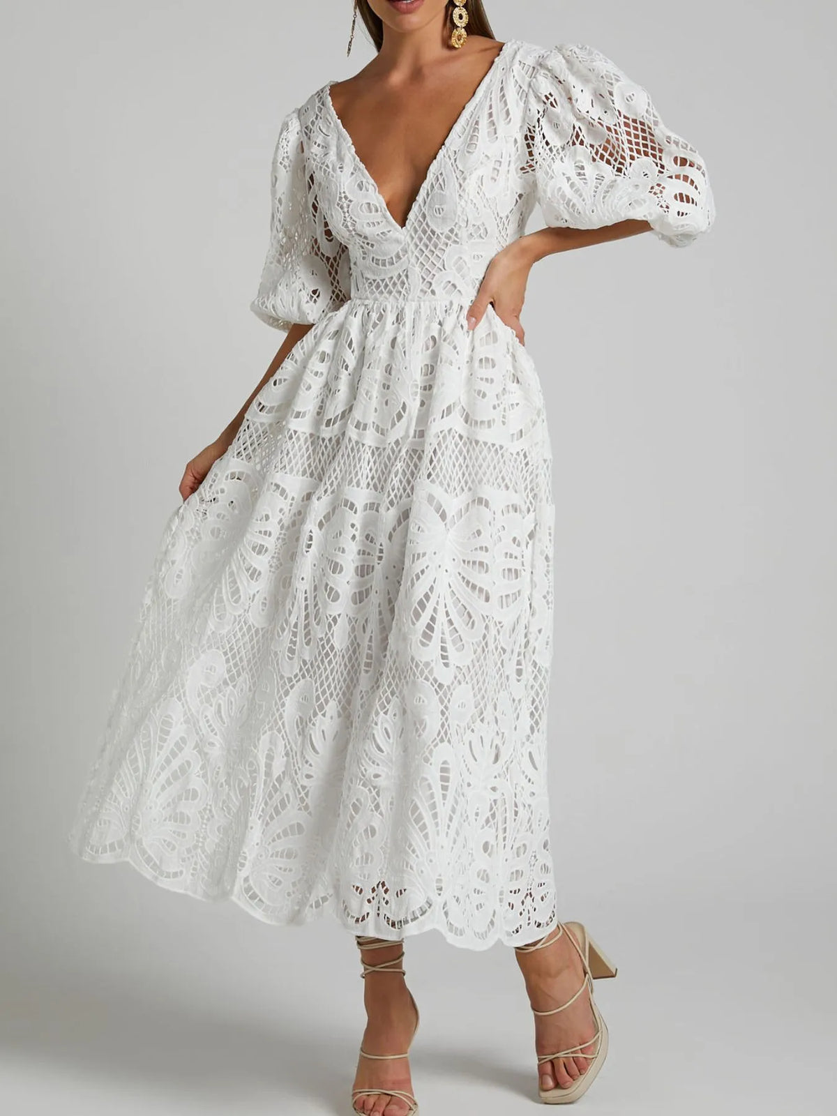 Hazel Blues® |  Cutout Back Lace Crochet V-Neck Dress