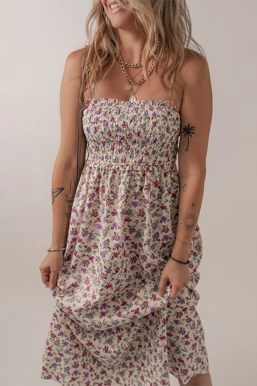 Hazel Blues® |  Multicolour Bohemian Ditsy Floral Smocked Fit Flare Sundress