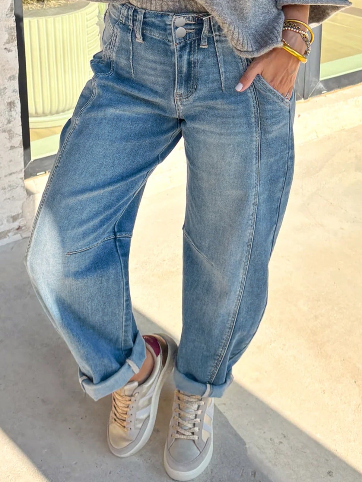Hazel Blues® |  Washed Cuffed Barrel Jeans