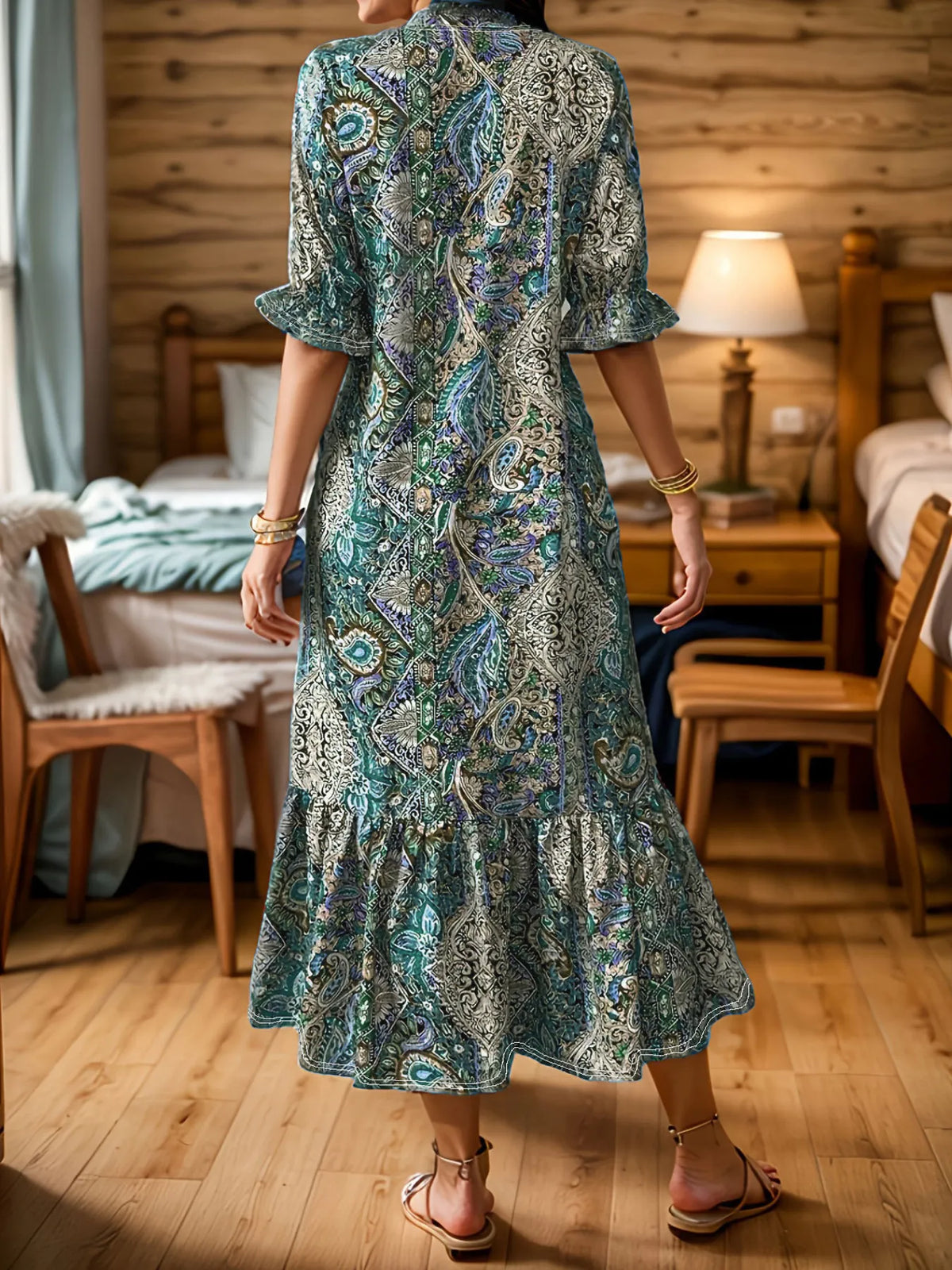 Hazel Blues® | Bohemian Paisley Print Ruffle Hem Midi Dress
