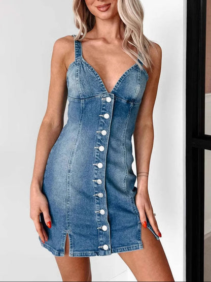 Hazel Blues® |  Button Front Sweetheart Neck Denim Mini Dress