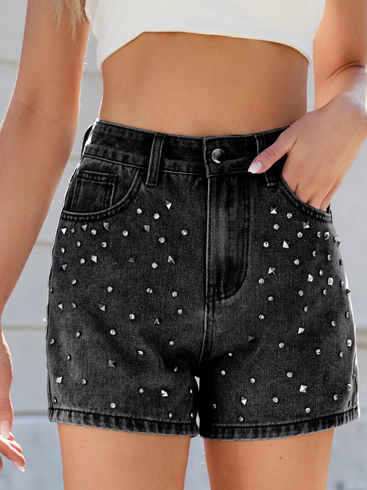 Hazel Blues® |  Studded High Waist Denim Shorts