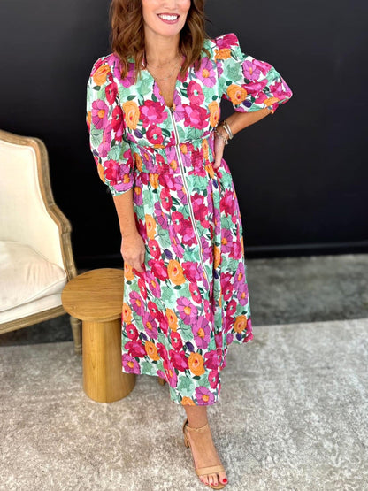 Hazel Blues® |  Vibrant Floral Print V Neck Zip Up Puffy Half Sleeve Dress