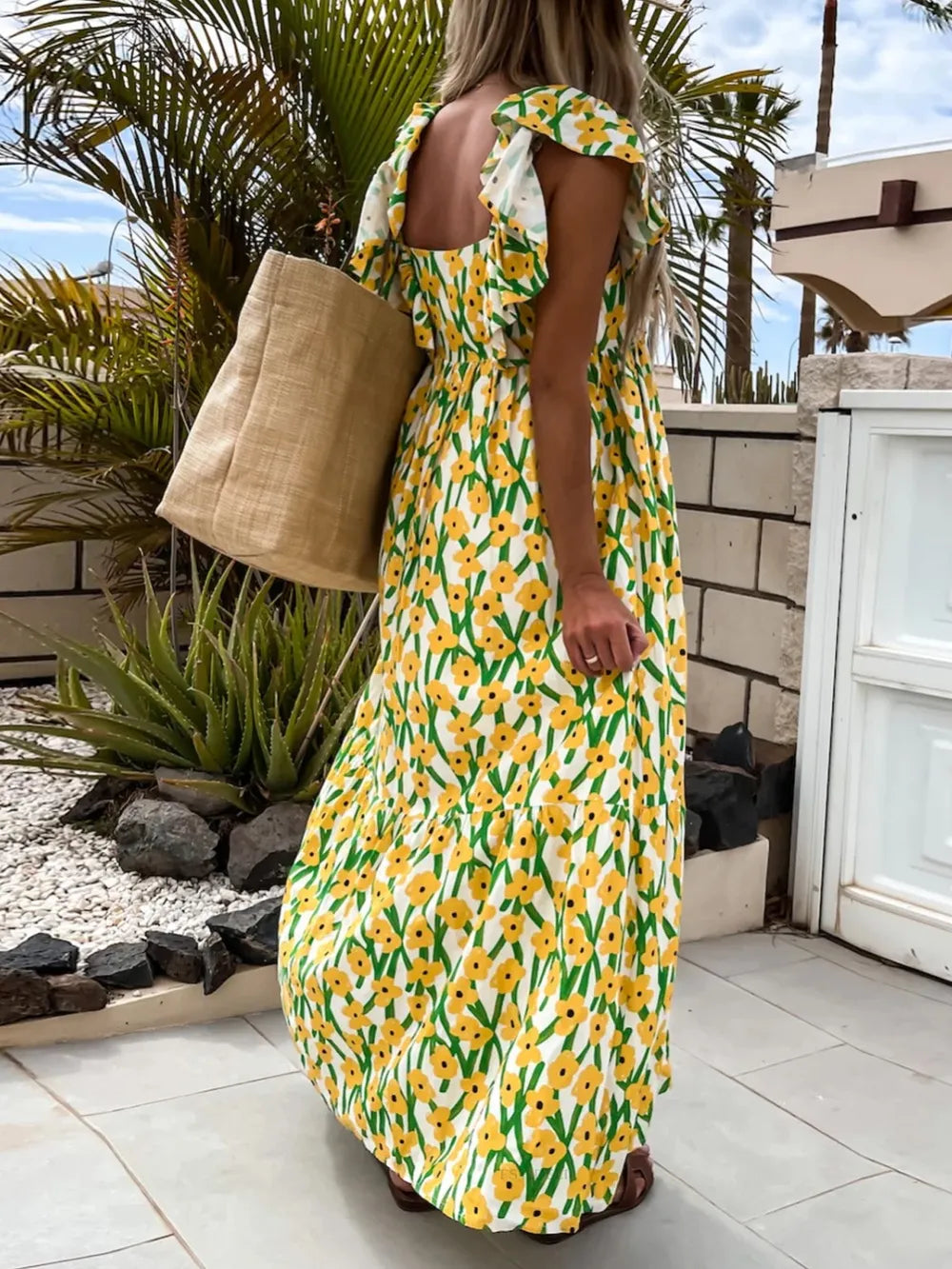 Hazel Blues® |  Ruffled Printed Cap Sleeve Midi Dress