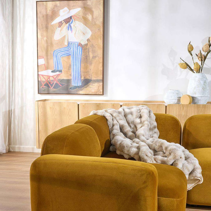 Figure in Stripes Framed Artwork wall art above a timber sideboard in a contemporary living room