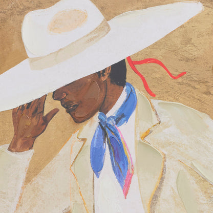 Figure in Stripes Framed Artwork wall art featuring a figure in a white wide-brim hat, cream jacket and blue neck scarf