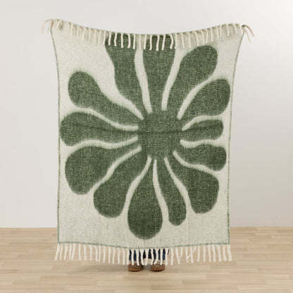 Happy Throw - Green/White thick cosy throw with bold organic green floral pattern and fringed edges.