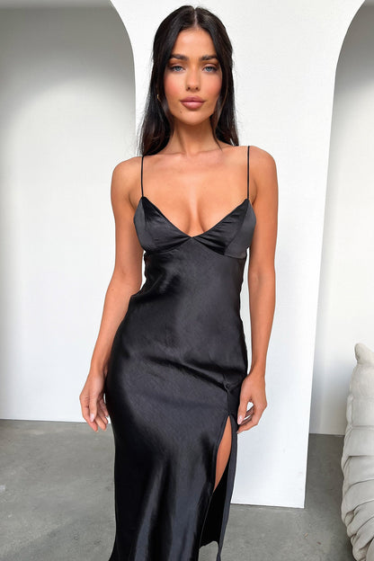 Jennifer Satin Midi Dress - Black