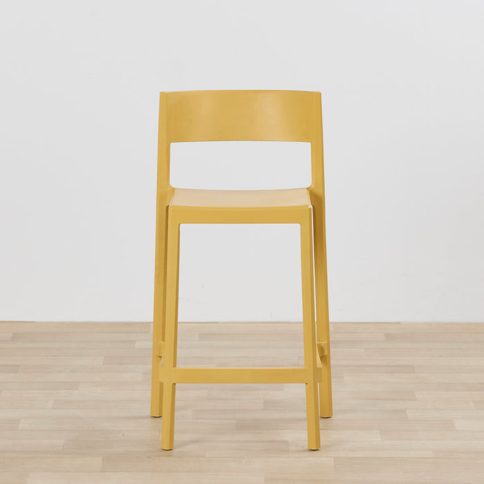 Kip Counter Stool - Yellow with a mustard finish, square seat and open backrest on light timber flooring