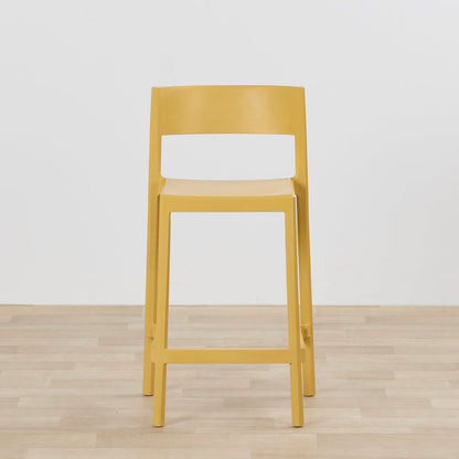 Kip Counter Stool - Yellow with a mustard finish, square seat and open backrest on light timber flooring