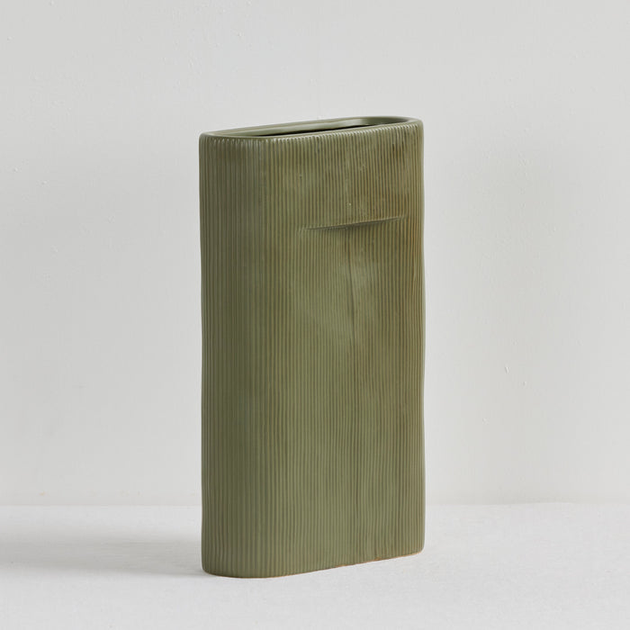 Linea Tall Vase - Green, tall sculptural ceramic vase with fine vertical ribbing and a softly curved rectangular form