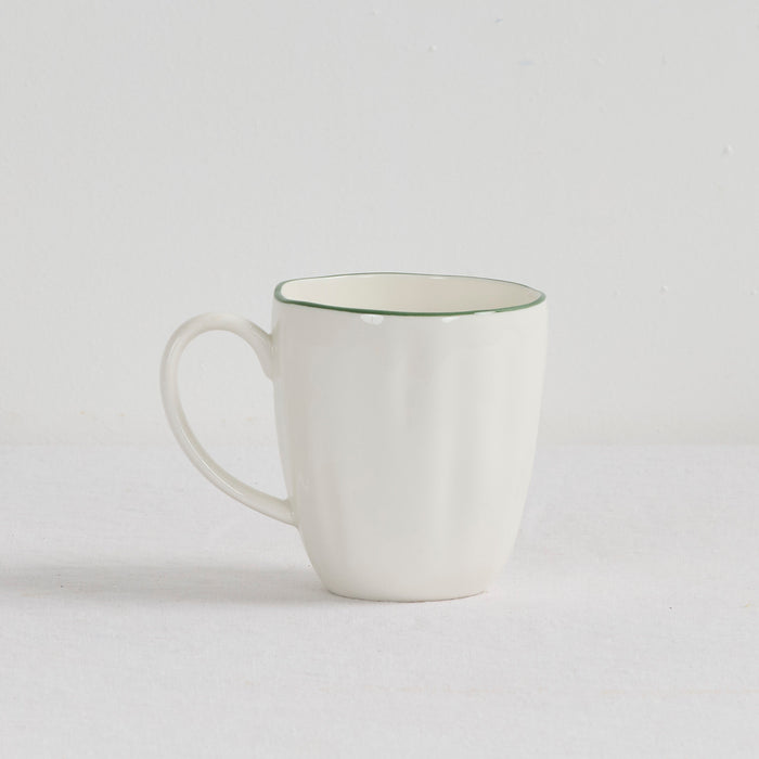 Lotus Mug - White/Green, white dinnerware mug with a fine green rim and curved handle