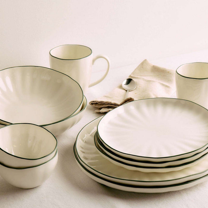 Lotus Mug - White/Green, white mug with fine green rim styled with matching fluted dinnerware on a neutral table setting