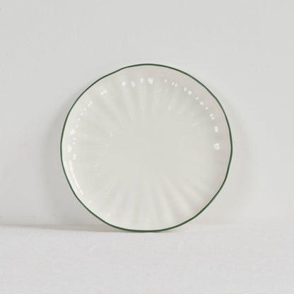 Lotus Side Plate - White/Green, white dinnerware side plate with a fluted surface and fine green rim