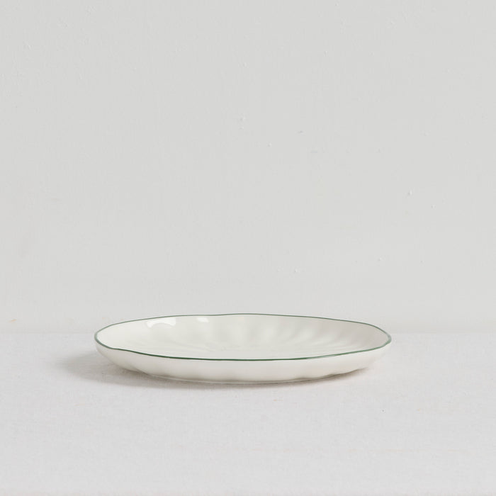 Lotus Side Plate - White/Green, white dinnerware side plate with fluted detailing and a fine green rim