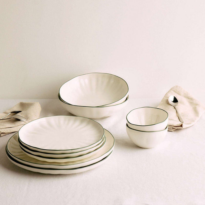 Lotus Snack Bowl - White/Green, white dinnerware bowl with fine green rim, styled with matching plates and serving bowl