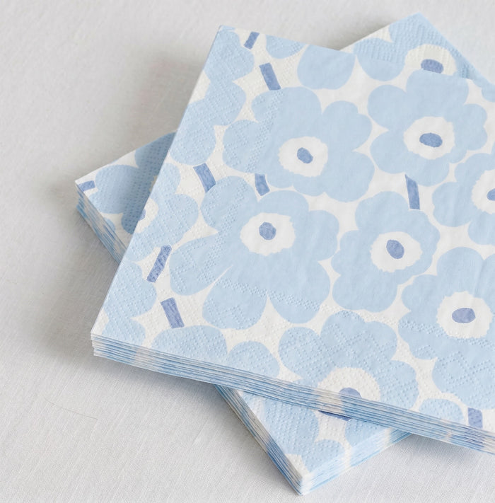 Marimekko Paper Napkin - 20pc - Light Blue with pale blue Unikko poppy pattern on a white background