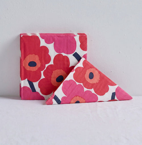 Marimekko Paper Napkin - 20pc - Red with bold red and pink Unikko poppies on white, packet and folded napkin displayed