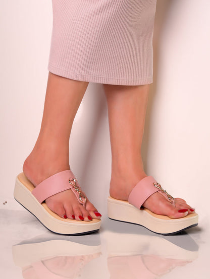 Meera T-Strap Gleam Trim Pink Flatform Sandals