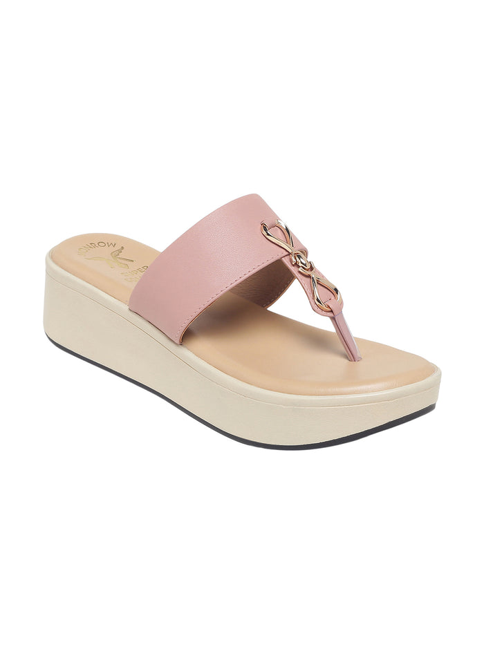 Meera T-Strap Gleam Trim Pink Flatform Sandals