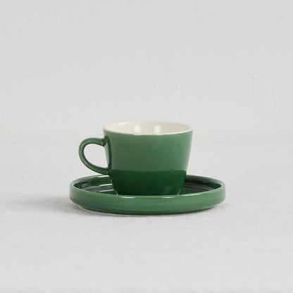Mesa Espresso Cup & Saucer - Green glossy green espresso cup with a wide matching saucer and white interior.