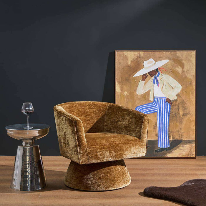 Obelisk Side Table - Chrome, polished chrome side table styled beside a velvet swivel chair
