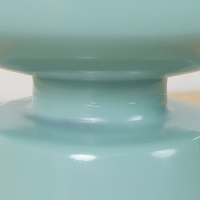 Obelisk Side Table - Mint, close-up of the glossy mint sculptural pedestal beneath the round tabletop