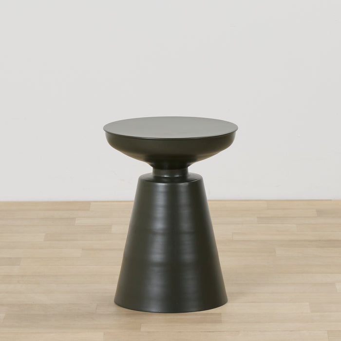 Obelisk Side Table - Olive Green, sculptural olive green side table with a round tray top and tapered pedestal base