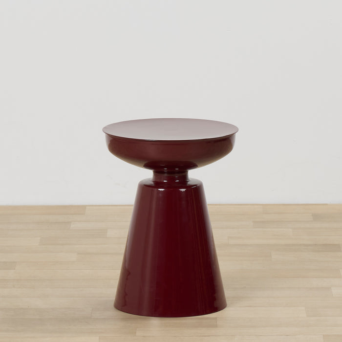 Obelisk Side Table - Wine, glossy wine-red sculptural side table with a round tray top and tapered pedestal base