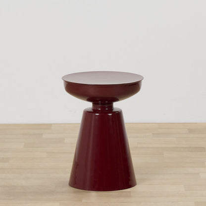 Obelisk Side Table - Wine, glossy wine-red sculptural side table with a round tray top and tapered pedestal base