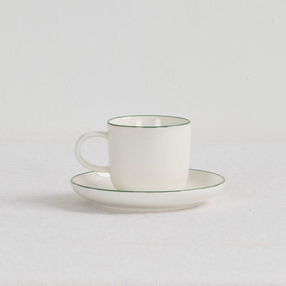 Soma Espresso Cup and Saucer - White/green, white dinnerware set with fine green rim and curved handle