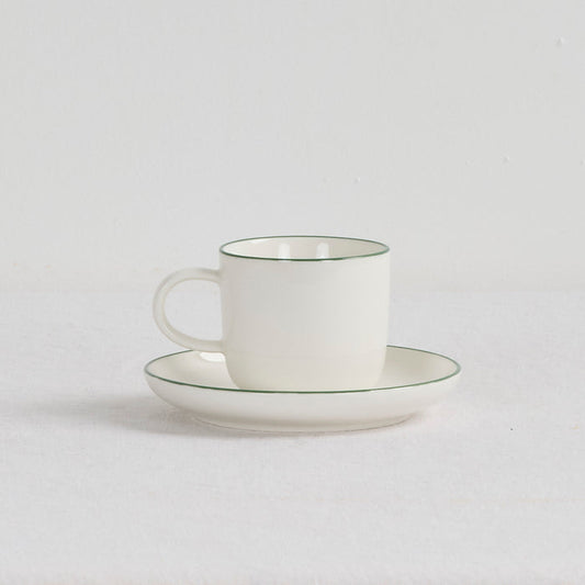 Soma Espresso Cup and Saucer - White/green, white dinnerware set with fine green rim and curved handle