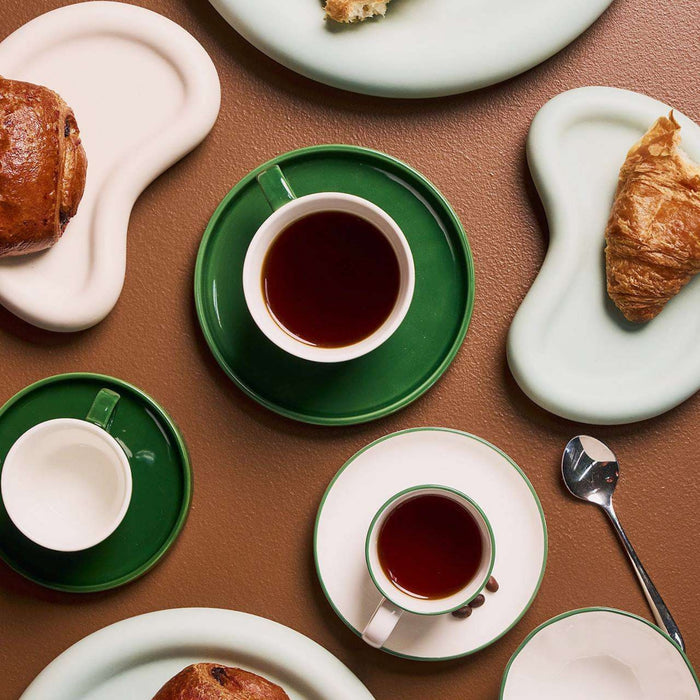 Soma Espresso Cup and Saucer - White/green, white espresso cup with green rim, styled with coffee and pastries