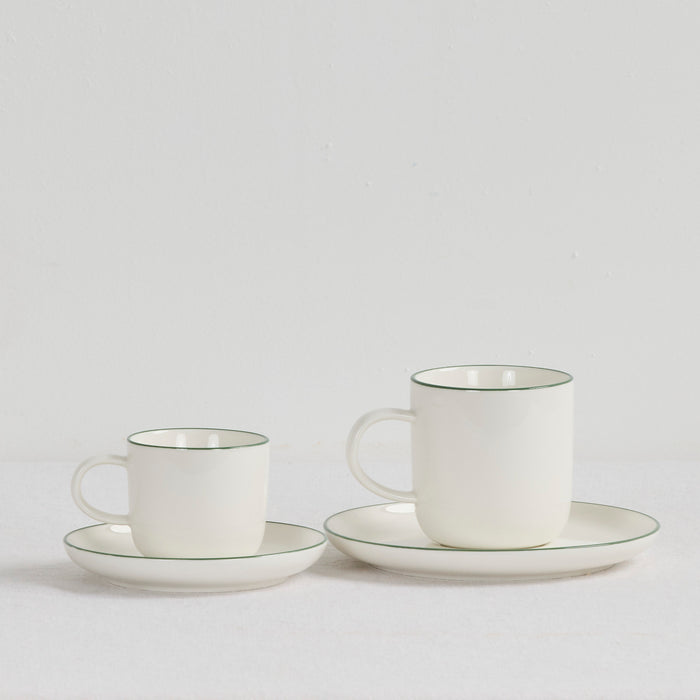 Soma Espresso Cup and Saucer - White/green, white dinnerware cups with delicate green rimmed saucers in two sizes