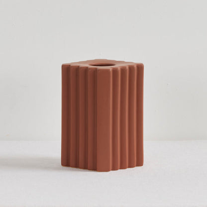 Stria Square Vase - Brick, warm brick ceramic vase with a structured square silhouette and vertical fluted detailing