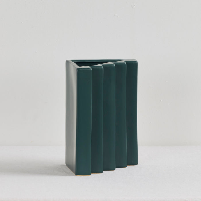 Stria Triangular Vase - Green, deep green ceramic vase with angled vertical fluting and an architectural triangular form