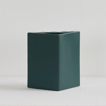 Stria Triangular Vase - Green, deep green ceramic vase with angular silhouette and subtly fluted vertical detailing
