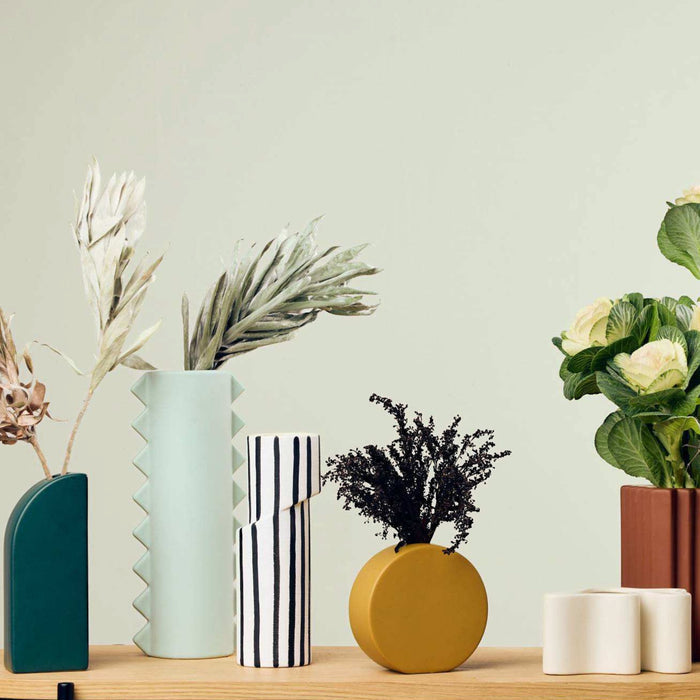 Twist Striped Tall Vase - White/Black, sculptural striped ceramic vase styled with dried foliage and colourful decorative vases.