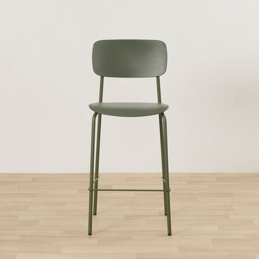 Vincent Counter Stool - Olive, minimalist olive green counter stool with curved backrest, padded seat, slim metal legs and footrest.