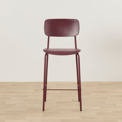 Vincent Counter Stool - Wine, minimalist wine-coloured counter stool with curved backrest, slim metal frame and footrest.